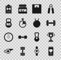 Set Mobile with heart rate, Award cup, Dumbbell, Bathroom scales, Stopwatch, Kettlebell, Sport training program and icon. Vector
