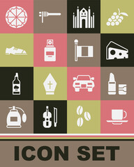 Set Coffee cup, Lipstick, Cheese, Milan Cathedral, Perfume, Men shoes, Pizza and Flag Italy icon. Vector