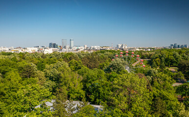 Bucharest from above, aerial view over Herastrau (King Michael I) Park, lake and the north part of...
