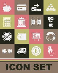Set Fast payments, Pie chart infographic, Money plant the pot, Pos terminal, Bank building, Calculator, Piggy bank with coin and transfer icon. Vector