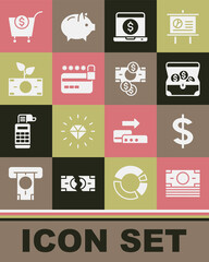 Set Stacks paper money cash, Dollar symbol, Treasure chest, Laptop with dollar, Credit card lock, Money plant in the pot, Shopping cart and and icon. Vector