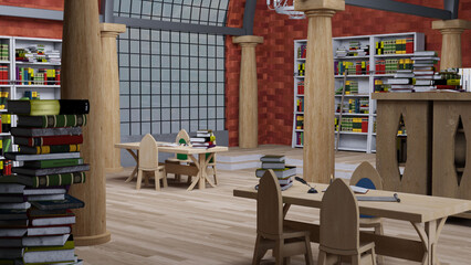 テレビ会議背景用 ZOOM会議背景用 CG 図書館 本棚 机 テーブル 椅子 for using in video conference and as a zoom background.