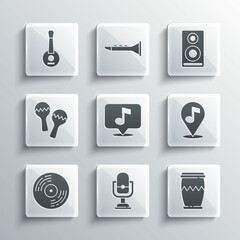Set Microphone, Drum, Location musical note, Musical, Vinyl disk, Maracas, Banjo and Stereo speaker icon. Vector