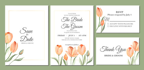 Fototapeta na wymiar Hand painted of tulip flower watercolor as wedding invitation.
