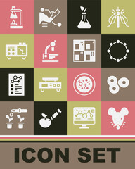 Set Experimental mouse, Cell division, Chemical formula, Plant breeding, Microscope, Spectrometer, Test tube flask fire and Periodic table icon. Vector