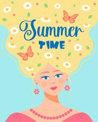 Beautiful blond girl with chamomiles, butterflies, leaves in her hair. Summer time quote. Colorful portrait of female character.
