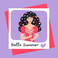 Beautiful girl with bouquet of chamomiles in a frame. Flowers, leaves and butterflies in her hair. Hello summer quote. Vector illustration.