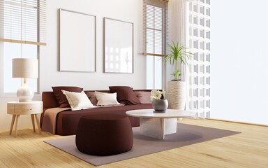 Frame mockup living room interior with sofa set brown tone and open view glass window.3d rendering