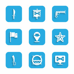 Fototapeta premium Set Location pirate, Ship porthole with seascape, Starfish, Pirate sword, flag, Vintage pistols and icon. Vector