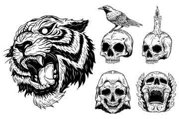 Bundle Set Skull Beast Crown Dark illustration Devil Demon Horror Skull Head Hand drawn Hatching Tattoo Merchandise T-shirt Merch vintage