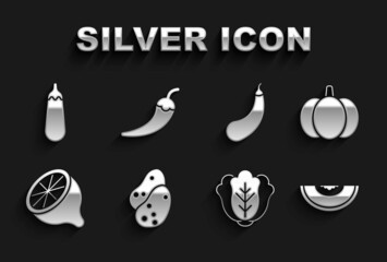 Set Potato, Pumpkin, Melon fruit, Cabbage, Lemon, Eggplant, and Hot chili pepper pod icon. Vector