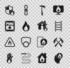 Set Firefighter, axe, escape, flame, alarm system, protection shield and in burning house icon. Vector