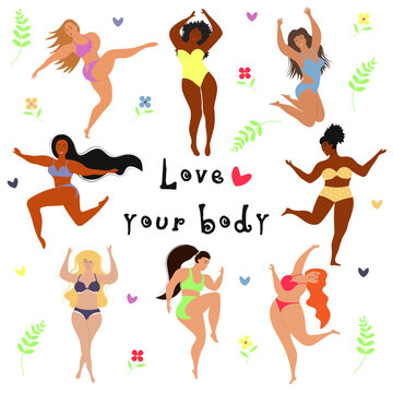 Happy active plus size girls with hearts, flowers and twigs. Love your body, body positive, feminism poster. Ladies with different ethnicity and skin colour are smiling and dancing.