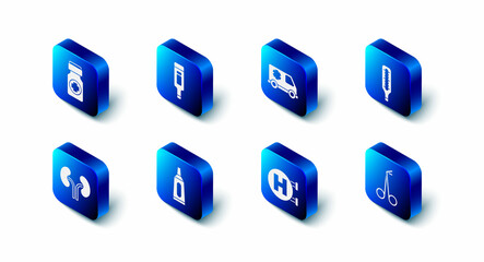 Set Digital thermometer, Emergency car, Medical, scissors, Hospital signboard, Ointment cream tube medicine, Human kidneys and Medicine bottle and pills icon. Vector