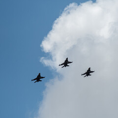 Three Israeli fighter jets in formation during an air show during Israel's Independence day celebrations