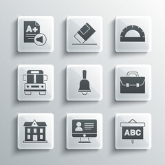 Set Online class, Chalkboard, Briefcase, Ringing bell, School building, Bus, Exam sheet with A plus grade and Protractor grid icon. Vector