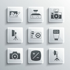 Set Exposure compensation, Softbox light, Photo camera flash, retouching and with icon. Vector