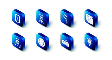 Set Old hourglass with sand, Micrometer, Diagonal measuring, Pressure water, Measuring instrument, Radius, Scales and Calculator icon. Vector