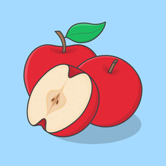 Slice And Whole Of Apple Cartoon Vector Illustration. Apple Fruit Flat Icon Outline