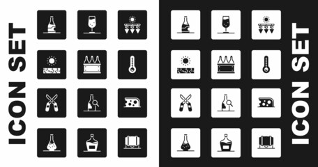 Set Drying grapes, Bottles of wine box, Drought, Meteorology thermometer, Wine glass, Cheese and Gardening scissors icon. Vector