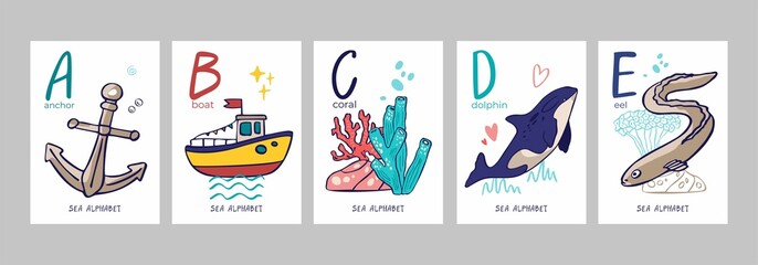 Set of postcards with letters of alphabet, marine symbols isolated on white. Collection of posters with letters, dolphin, a ship, an anchor for studying letters, nursery decor. Vector illustration