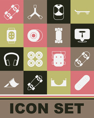 Set Skateboard, T tool, Baseball cap, wheel, Knee pads, and Longboard or skateboard icon. Vector