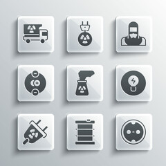 Set Radioactive waste in barrel, Electrical outlet, Light bulb with concept of idea, Nuclear power plant, Radiation electrical plug, Atom, Truck radiation materials and reactor worker icon. Vector