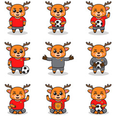 Vector illustration of Deer characters playing soccer. Cute Deer mascot playing football. Vector illustration bundle.