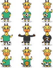 Vector illustration of Giraffe characters playing soccer. Cute Giraffe mascot playing football. Vector illustration bundle.