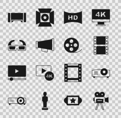 Set Retro cinema camera, Movie, film, media projector, Play video, Hd movie, tape, frame, Megaphone, 3D glasses, Smart Tv and Film reel icon. Vector