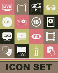 Set Online play video, Play, CD disk award frame, Movie clapper, Movie, film, media projector, 8k Ultra HD, Live stream and Plus 18 movie icon. Vector