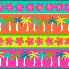 Fototapeta na wymiar Colorful hibiscus and palm tree seamless pattern with striped background for summer holidays concept.