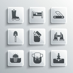 Set Hiking backpack, Tree, Binoculars, Lighter, Sunrise, Shovel, Waterproof rubber boot and Swiss army knife icon. Vector