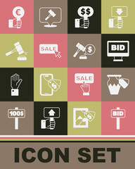 Set Hand holding auction paddle, Auction ancient vase, Online, Price tag with Sale, hammer, and price icon. Vector