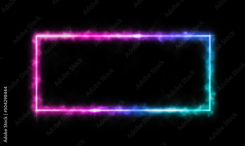 Poster pink and blue gradient color of neon lights horizontal rectangle geometric frame on black background
