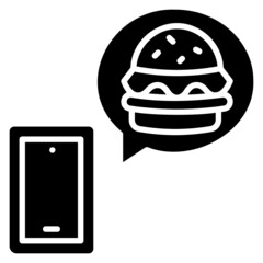 Online order with smartphone and bubble, burger and glass glyph icon. Can be used for digital product, presentation, print design and more.