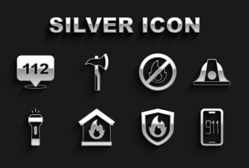 Set Fire in burning house, Firefighter helmet, Mobile emergency call 911, protection shield, Flashlight, No fire, Emergency and axe icon. Vector