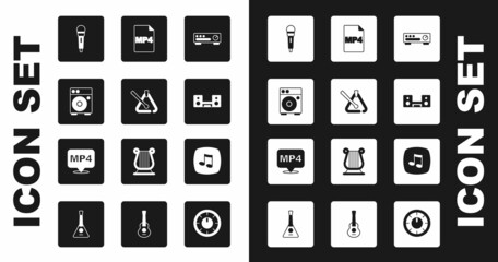 Set Sound mixer controller, Triangle musical instrument, Guitar amplifier, Microphone, Home stereo with two speakers, MP4 file document, Music note, tone and icon. Vector