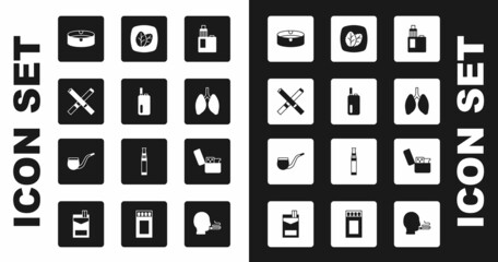 Set Vape mod device, Electronic cigarette, Cigarette, Ashtray, Lungs, Tobacco leaf, Lighter and No pipe smoking icon. Vector