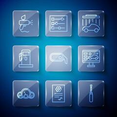 Set line Speedometer, Auto service check automotive, Screwdriver, Car wash, rearview mirror, Petrol Gas station, Paint spray gun and Diagnostics condition of car icon. Vector