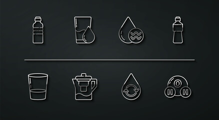 Set line Bottle of water, Glass with, Recycle clean aqua, Water jug filter, Chemical formula for H2O and icon. Vector