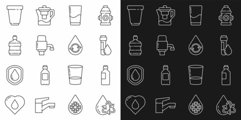 Set line Recycle clean aqua, Bottle of water, Test tube with drop, Glass, Mechanical pump for, Big bottle, Water filter cartridge and icon. Vector