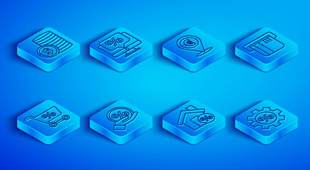 Set line Coin money with dollar, Percent discount and monitor, Cash location, Discount percent tag, House percant, Credit card, Shopping cart and Gear icon. Vector