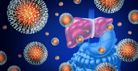 Hepatitis disease concept as a group of three dimensional human virus cells on a human liver as a medical illustration for a viral infection  - obrazy, fototapety, plakaty