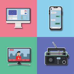Tech communication device icons with large realistic mock up TV set display, computer, laptop, tablet, smartphone and radio.