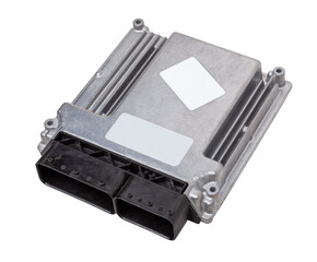 Metallic car engine control unit with plastic elements on a white isolated background is connecting...
