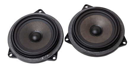 Two speakers of an acoustic system - an audio for playing music in a car interior on a white...