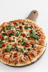 mixed organic vegetables vegetarian pizza on white background