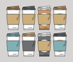 Set of coffee cups with colorful lids and on plain background.