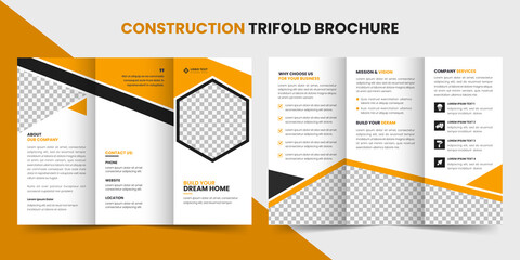 Construction business trifold brochure template or company profile, home renovation trifold brochure design or real estate brochure